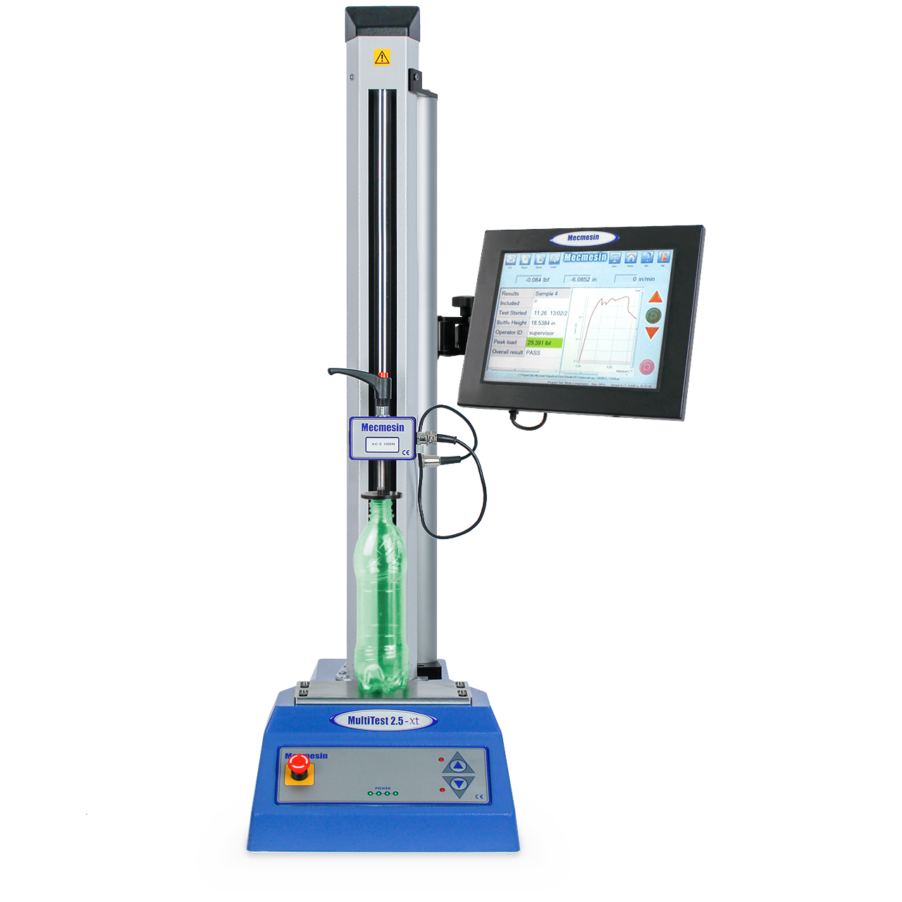 MultiTest-xt single-column (0.5-5 kN) tensile testing machine, shown with touchscreen console
